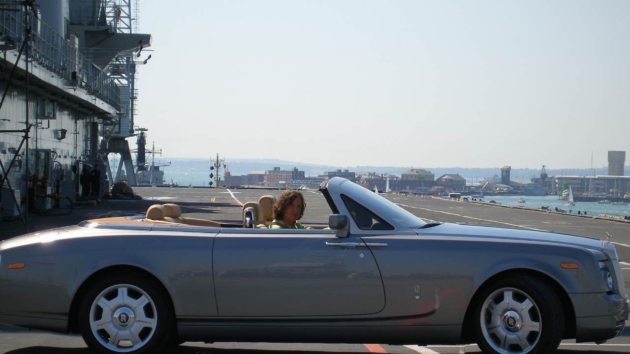 James drives the Rolls-Royce Phantom Drophead on an aircraft carrier.