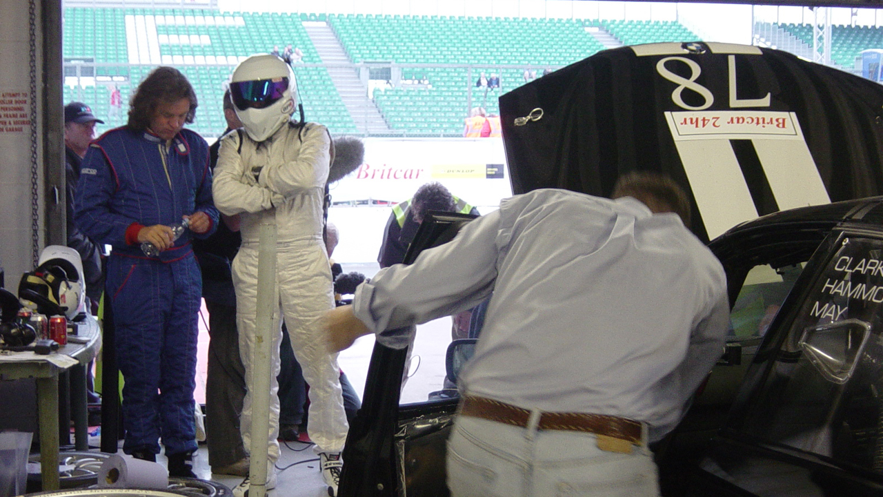 James and The Stig wait for the BMW 330d to come back to life