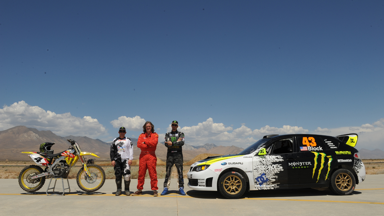 James and Ken Block race dirt biker Ricky Carmichael