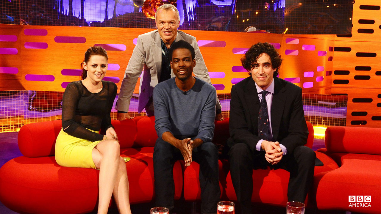 Actors Kristen Stewart, Chris Rock and Stephen Mangan on Episode 4.