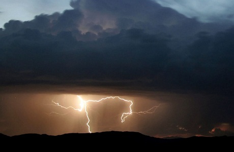 Lightning strikes near Baker, California during monsoon storm