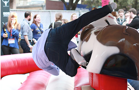 Lord Humphrey, the mechanical English bulldog, bucked off an unsuspecting rider.