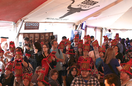 Audience members wear their Dalek caps proudly.