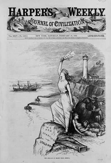 Woman, on shore of Ireland, holding up a sign for help to American ships; her foot rests on rock inscribed "we are starving". Family huddled behind her. (via http://1.usa.gov/12l6pTL)