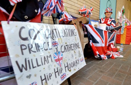 Terry Hutt and his Union Jack-covered bench. (Press Association via AP Images)