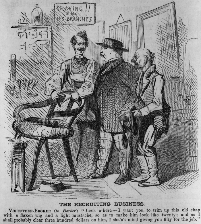 Harper's Weekly Cartoon portraying a volunteer broker trying to pass an old man as a healthy recruit. (via http://hdl.loc.gov/loc.pnp/cph.3c32935)