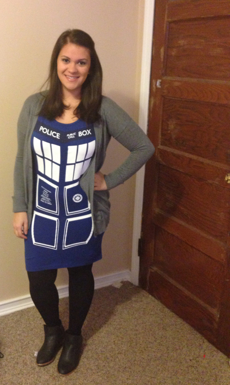 Our very own intern extraordinaire Krissy Trujillo put her stamp on the TARDIS, wearing it to class.