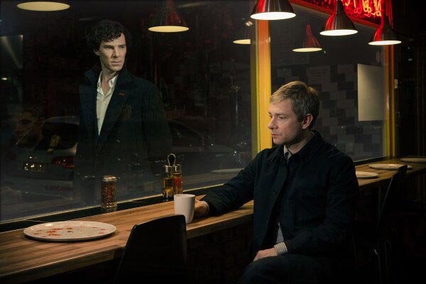 Benedict Cumberbatch and Martin Freeman share a cuppa.
