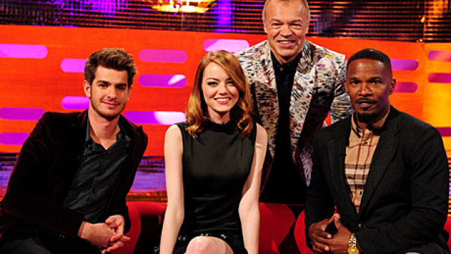 Andrew Garfield, Emma Stone and Jamie Foxx with Graham Norton