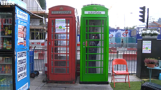 A normal red phone box and a solarbox, London