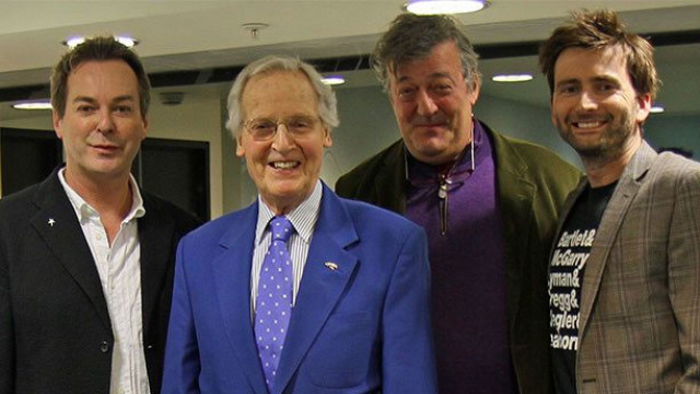 Julian Clary, Nicholas Parsons, Stephen Fry and David Tennant (in a ‘The West Wing’ T-shirt) (Pic: BBC Radio 4)