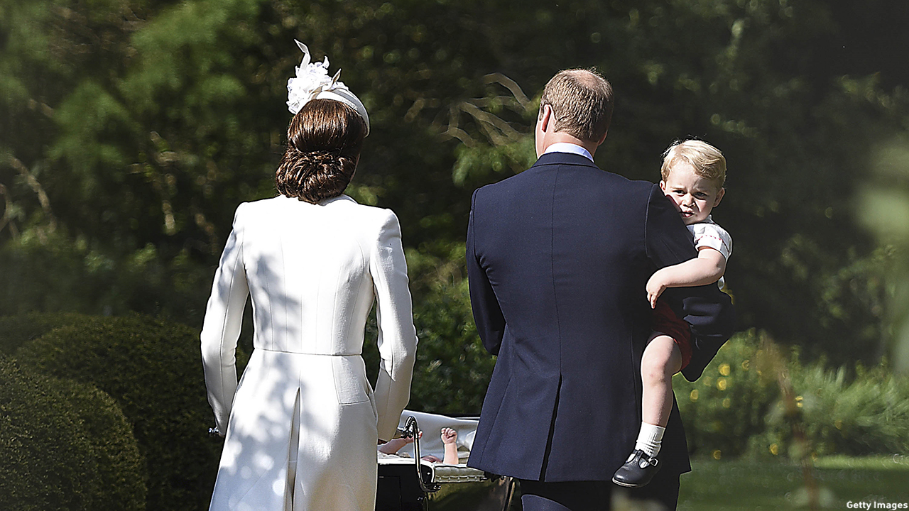 KING'S LYNN, ENGLAND - JULY 05: Catherine, Duchess of Cambridge, Prince William, Duke of Cambridge, Princess Charlotte of Cambridge and Prince George of Cambridge leave the Church of St Mary Magdalene on the Sandringham Estate after the Christening of Princess Charlotte of Cambridge on July 5, 2015 in King's Lynn, England. (Photo by Mary Turner - WPA Pool/Getty Images)
