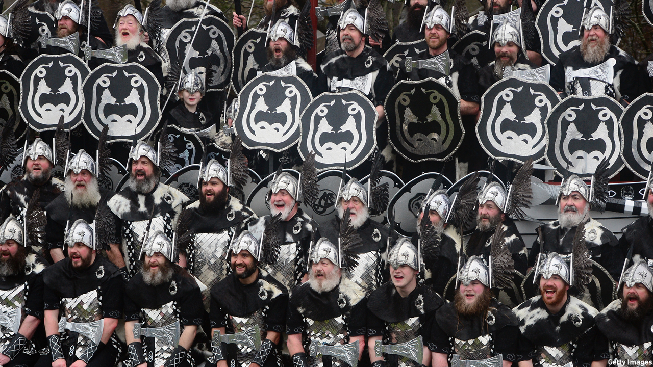 Locals in Lerwick, Scotland, the main port of the Shetland Islands, dress up as Vikings for the traditional festival fire known as “Up Helly Aa.” (Jeff J. Mitchell/Getty Images)