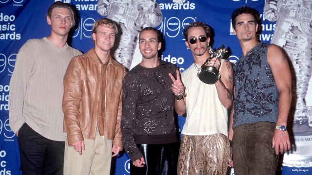 Backstreet Boys backstage at the MTV Video Music Awards. From l-r: Nick Carter, Brian Littrell, Howie D, A.J. McLean and Kevin Richardson.