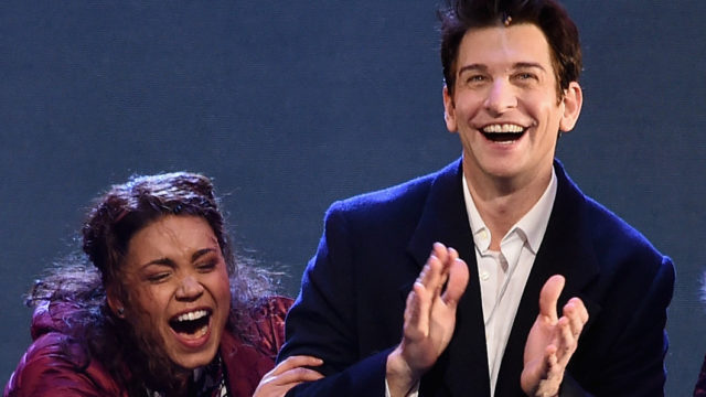 (L-R) John Sanders, Barrett Doss, Andy Karl and Rebecca Faulkenberry perform onstage at the “Groundhog Day” Broadway Opening Night at August Wilson Theatre on April 17, 2017 in New York City.
