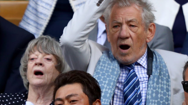 Sir Ian McKellen, Dame Maggie Smith, Sir Chris Hoy, Hideki Matsuyama and the Duke of Kent react in the centre court royal box during the Gentlemen’s Singles quarter final match between Andy Murray of Great Britain and Sam Querrey of The United States on day nine of the Wimbledon Lawn Tennis Championships at the All England Lawn Tennis and Croquet Club on July 12, 2017 in London, England.