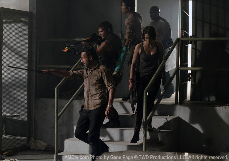 Rick Grimes (Andrew Lincoln), Daryl Dixon (Norman Reedus), Maggie Greene (Lauren Cohan), Glenn Rhee (Steven Yeun) and T-Dog (IronE Singleton) in Episode 1 of The Walking Dead