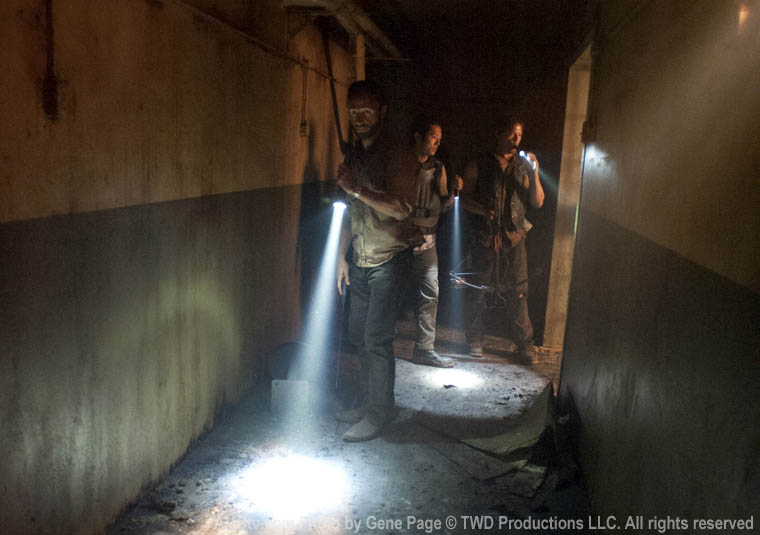 Rick Grimes (Andrew Lincoln), Glenn Rhee (Steven Yeun) and Daryl Dixon (Norman Reedus) in Episode 1 of The Walking Dead