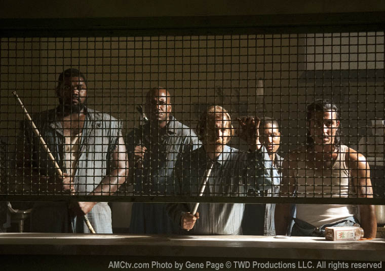 Tiny (Theodus Crane), Oscar (Vincent Ward), Axel (Lew Temple), Andrew (Markice Moore) and Tomas (Nick Gomez) in Episode 1 of The Walking Dead