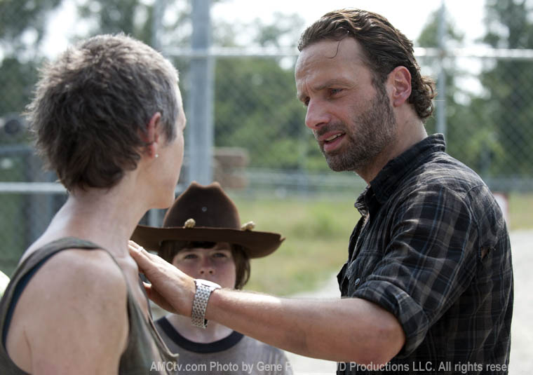Carol Peletier (Melissa McBride), Carl Grimes (Chandler Riggs) and Rick Grimes (Andrew Lincoln) in Episode 9 of The Walking Dead