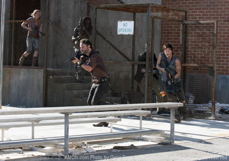 Beth Greene (Emily Kinney), Michonne (Danai Gurira), Rick Grimes (Andrew Lincoln), Merle Dixon (Michael Rooker) and Daryl Dixon (Norman Reedus) in Episode 11 of The Walking Dead