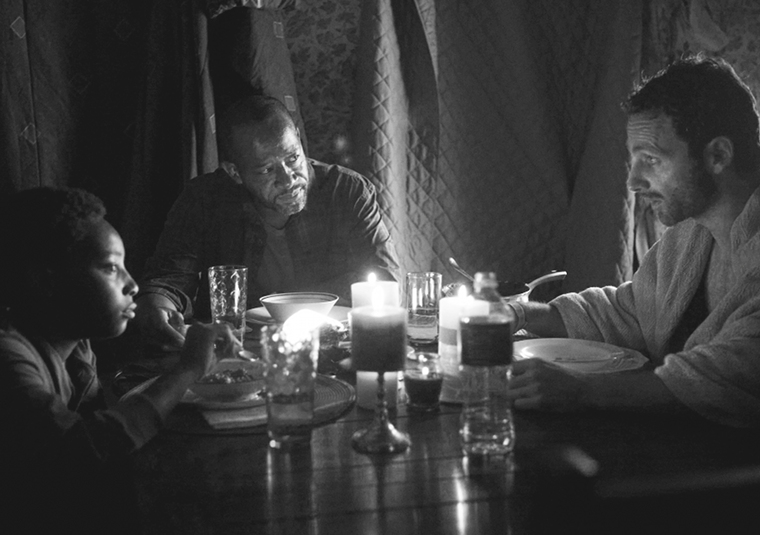 Duane Jones (Adrian Kali Turner), Morgan Jones (Lennie James) and Rick Grimes (Andrew Lincoln) in Episode 1 of The Walking Dead