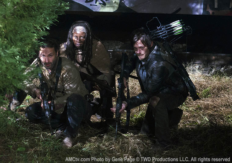 Rick Grimes (Andrew Lincoln), Michonne (Danai Gurira) and Daryl Dixon (Norman Reedus) in Episode 16 of The Walking Dead