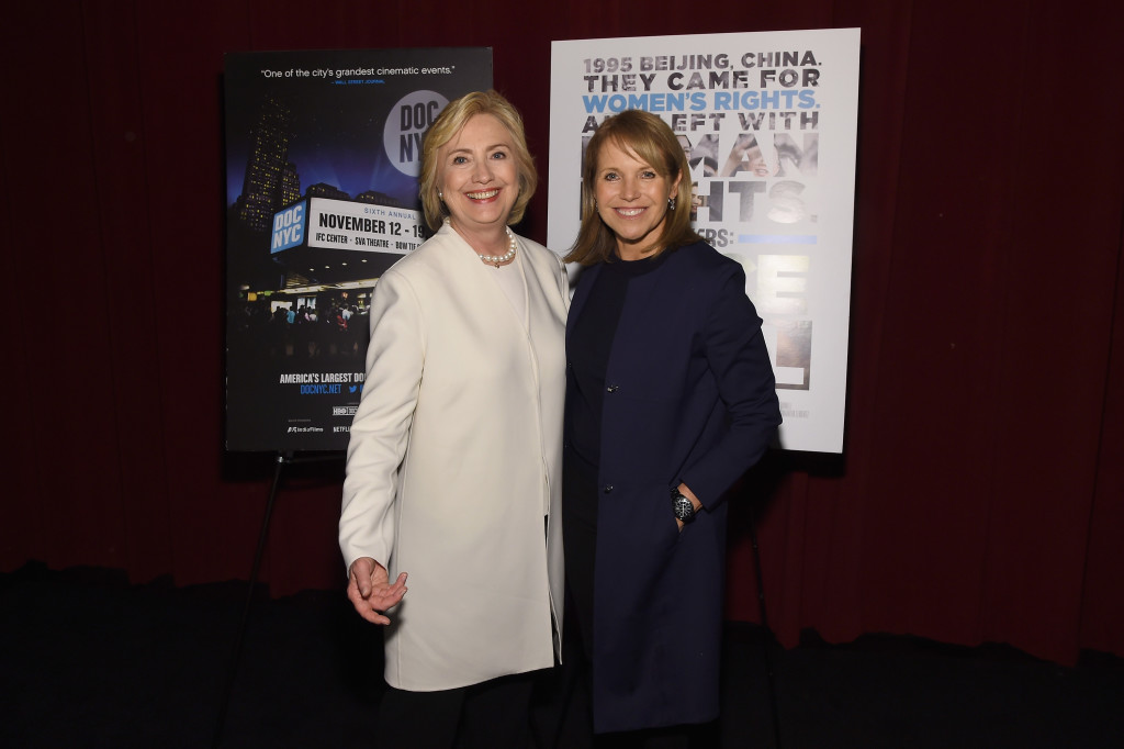 NEW YORK, NY - NOVEMBER 19: Former United States Secretary of State Hillary Clinton and journalist Katie Couric attend AOL's MAKERS: Once And For All Premiere at the SVA Theatre on November 19, 2015 in New York City. (Photo by Larry Busacca/Getty Images for AOL)
