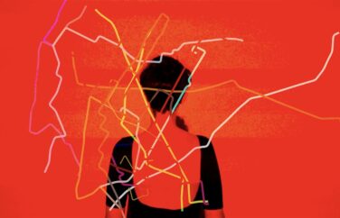 Abstract red image of person's back, with colored squiggly lines over top.