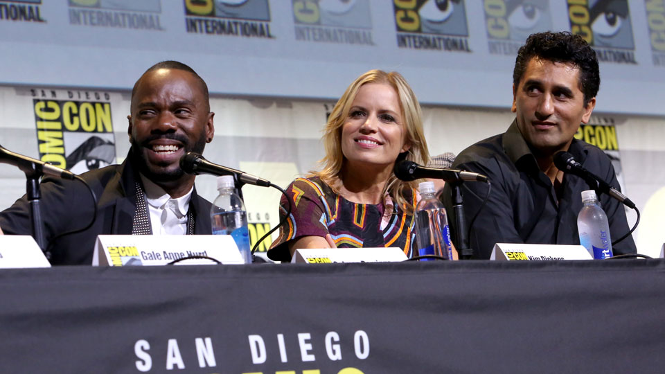 SAN DIEGO, CA - JULY 22: (L-R) Actors Colman Domingo, Kim Dickens and Cliff Curtis attend AMC's 
