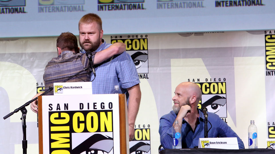 SAN DIEGO, CA - JULY 22: (L-R) Moderator Chris Hardwick and writers/producers Dave Erickson and Robert Kirkman attend AMC's 