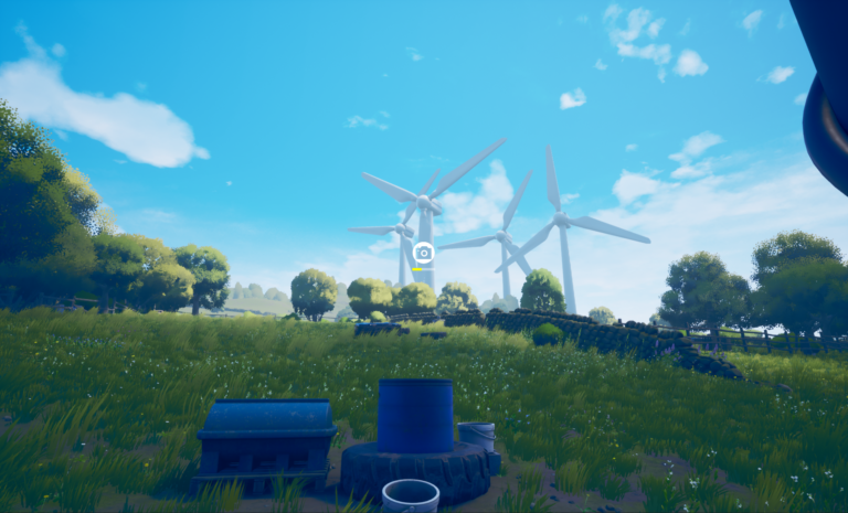 Screenshot from The Magnificent Trufflepigs. From a vantage point behind blue barrels and buckets, the player snaps a photograph of windmills in the distance.