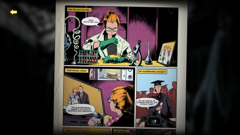 Screenshot from Fear Machine, showing a comic strip about a Master's life. We see her lonely upbringing and the story of her famous scientist parents.