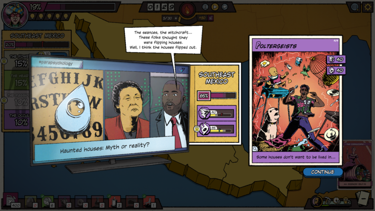 Screenshot from Fear Machine, displaying a news broadcast about haunted houses. On the right, a Poltergeists legend card is shown, with a man telepathically throwing objects around a room.