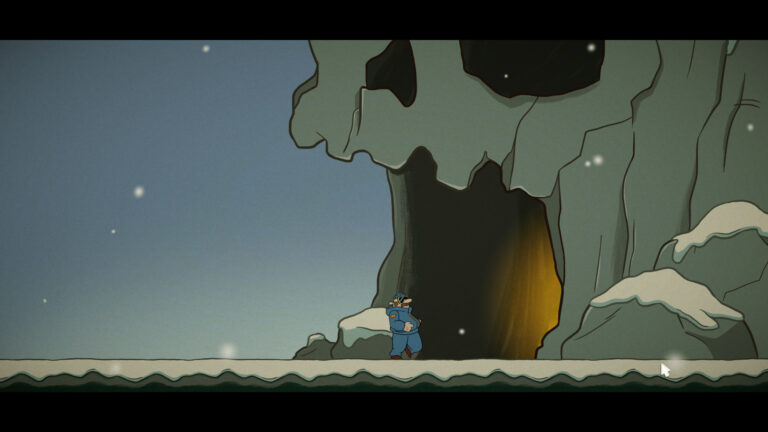 Screenshot from It's a Wrap! Johnny in a snowsuit prepares to enter an ominous cave made out of a giant skull.