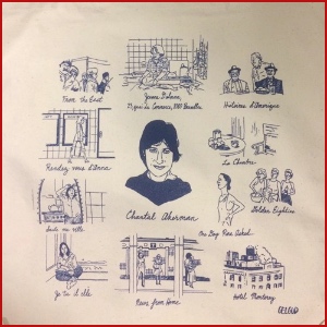 Beige tote bag with blue ink images of Chantal Akerman and sketches of a select number of her films with film titles.